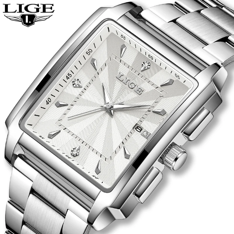 LIGE Luxury Man Wristwatch Waterproof Luminous Date Stainless Men\'s Watches Sports Square Men Watch Casual Quartz Male Clocks