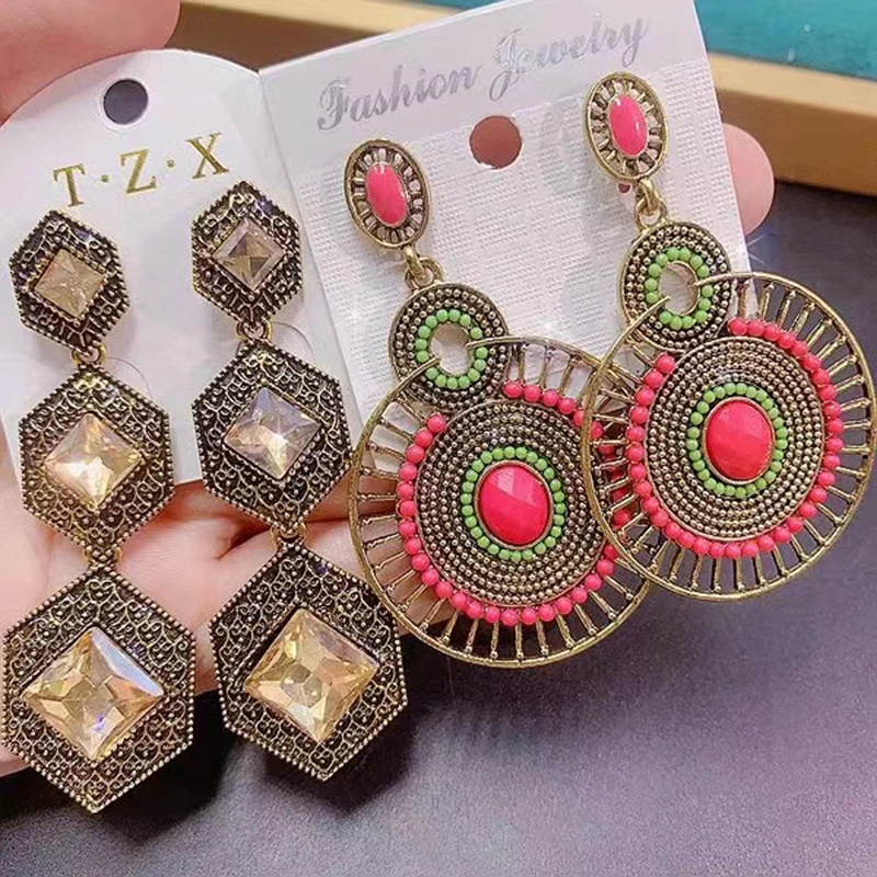 10/20Pairs/Lot Vintage Ethnic Style 925 Silver Needle Women's Earrings Europe And America Exaggerate Mixed Drop Earrings Jewelry