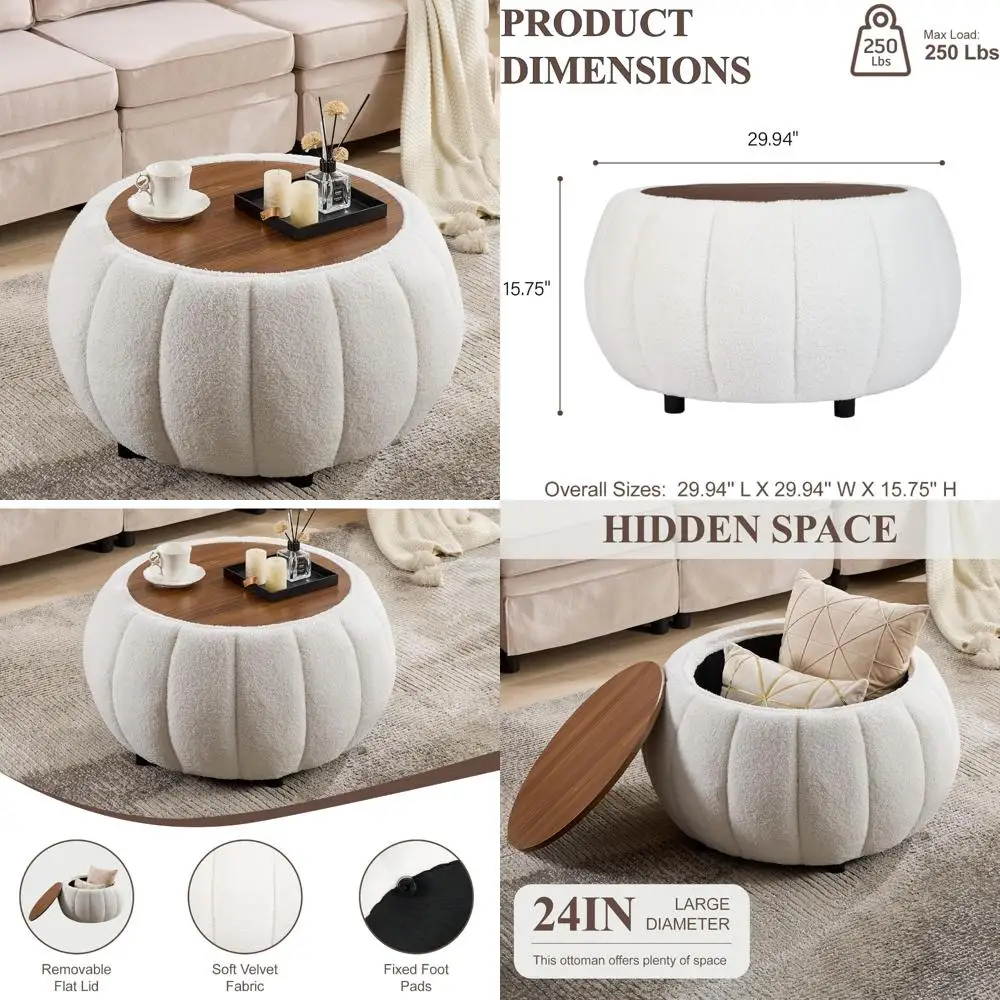 Large 30-Inch Round Storage Ottoman, Modern Upholstered Coffee Table with Wooden Top and Soft Teddy Fabric Surface, Ideal for Li