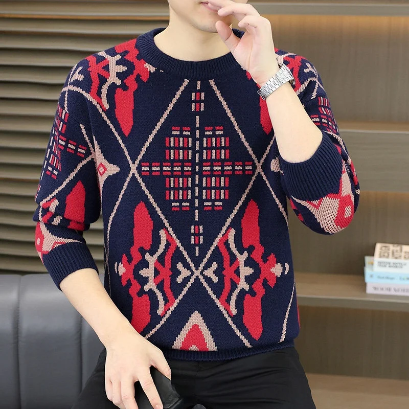 

Autumn Winter Men's Casual round Ne Sweater Faionable Knitted Top Color Blo Wide Fit Comfortable Youthful Inner Wear