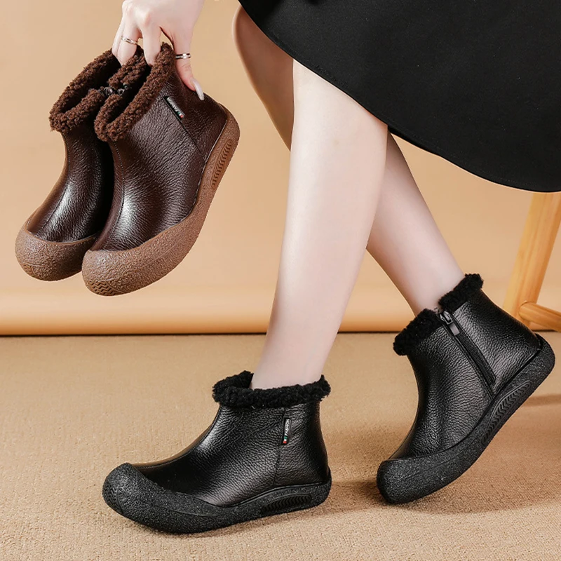 Genuine Leather Warm Cotton Boots Ankle Boots Cowhide Soft Botton  Surface Winter Thick Sole Mother Shoes