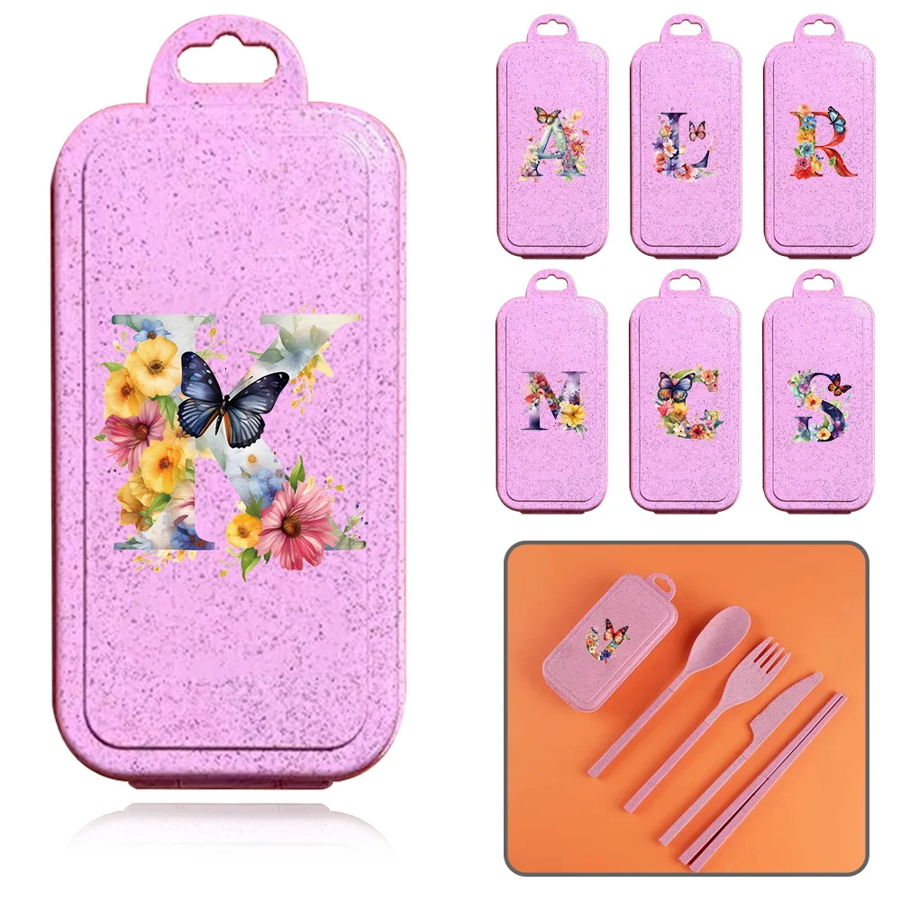 4Pcs Removable Reusable Dinnerware Sets Spoon Knife Chopsticks Box Butterfly Letter Pattern Tableware Ideal Travel Accessoires