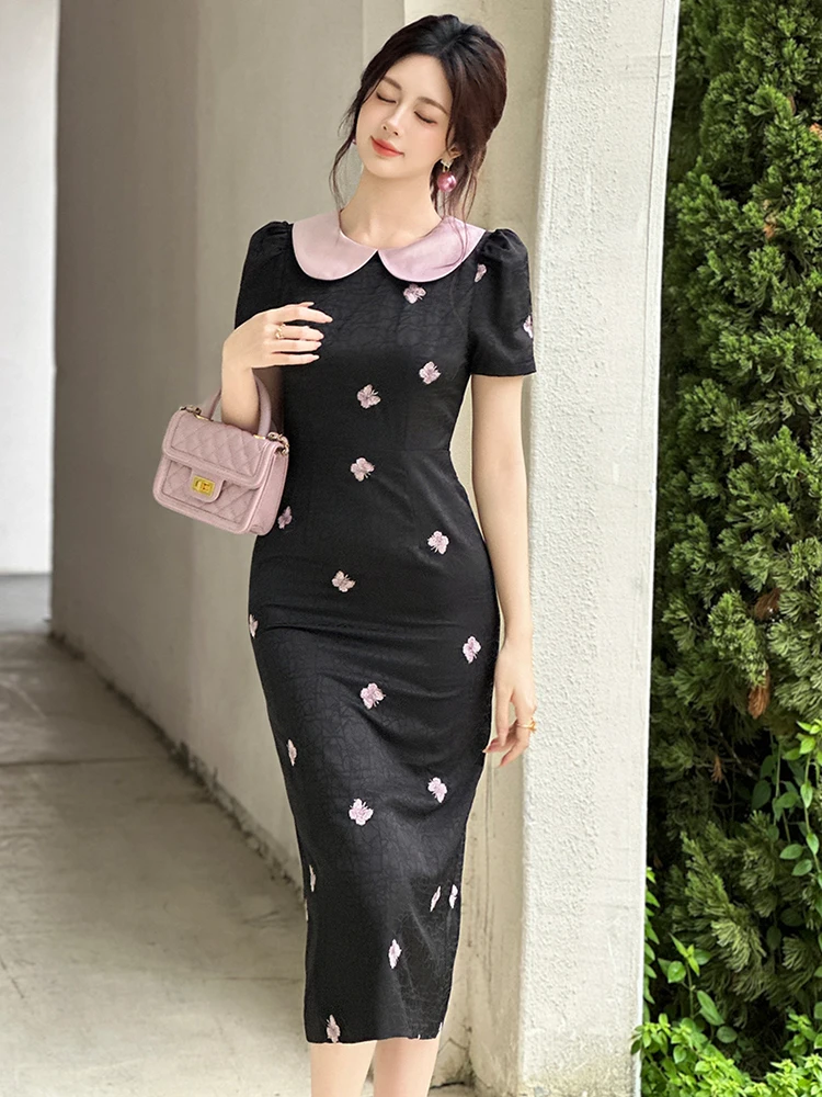 Vêtements pour femmes exquis doux rose papillon broderie Robe formelle élégante dame mince Banquet Robe Midi femme robes de fête