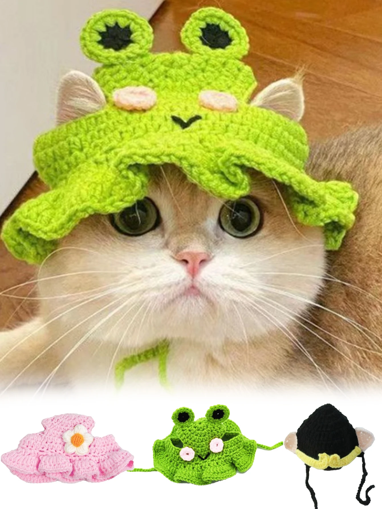 Gancho de mano tejido para mascotas, auriculares tejidos, accesorios de cosplay para mascotas, tocado, vestido de transformación divertido, sombrero de flores de animales de dibujos animados