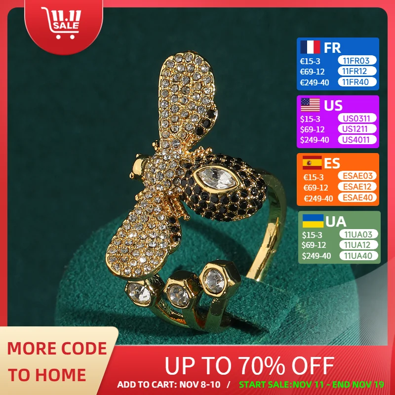 

Vintage Gold Color Rhinestones Black Bee Rings Luxury Antique Jewelry Accessories Party Engagement for Women New Arrival Boho