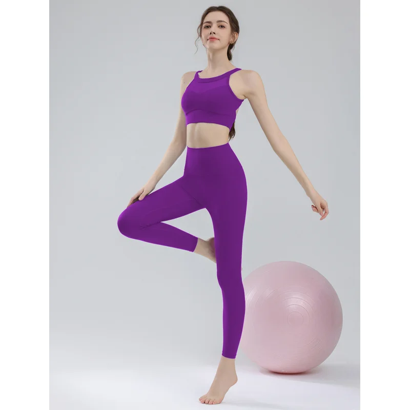 Terno de yoga feminino conjunto de sutiã esportivo anti choque malha costura bela volta treinamento roupa interior leggings de fitness