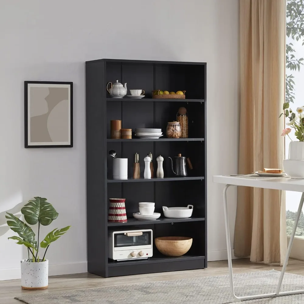 Black Bookshelf for Bedroom 5 Shelf Office Bookcase 60 Inches Tall Modern Wood Bookshelf for Living Room 5 Tier Wide Manga