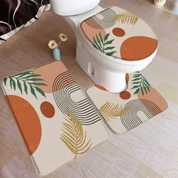 Abstract Mid Century Bath Mat Set Black Line Green Leaf Modern Geometric Boho Home Carpet Bathroom Decor Floor Rugs Toilet Cover