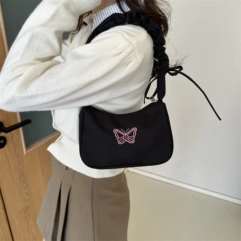 New Embroidery Butterfly Shoulder Bag Retro Y2k Ruffle Handle Bow Tote Bag Fashion Makeup Lipstick Handbag Armpit Bag