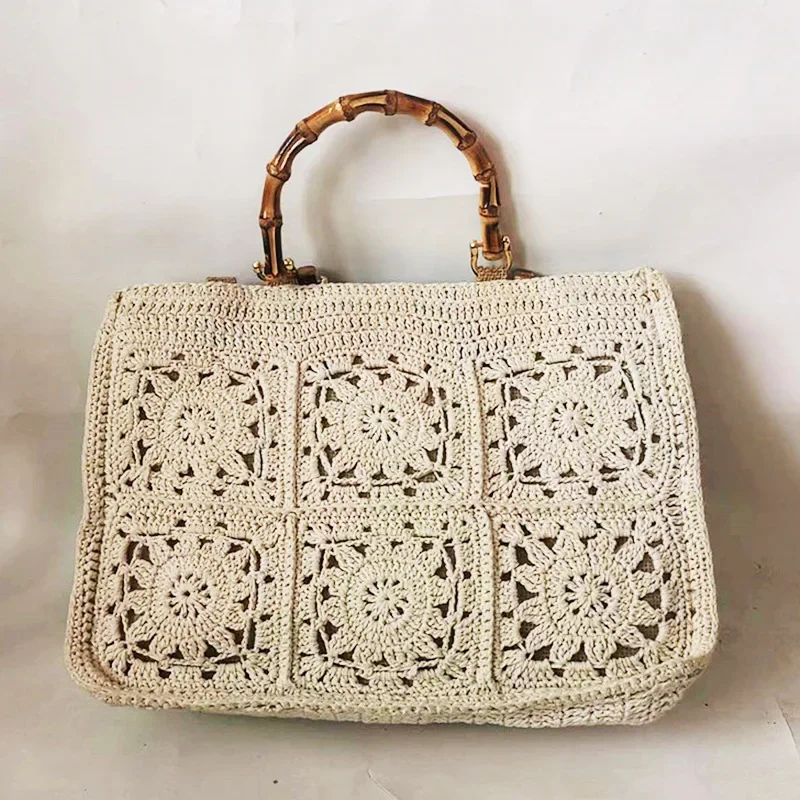 Bohemian Rope Crochet Tote Bamboo Handle Handbags National Style Knitting Shoulder Bag Hollow Travel Beach Bags for Women 2023