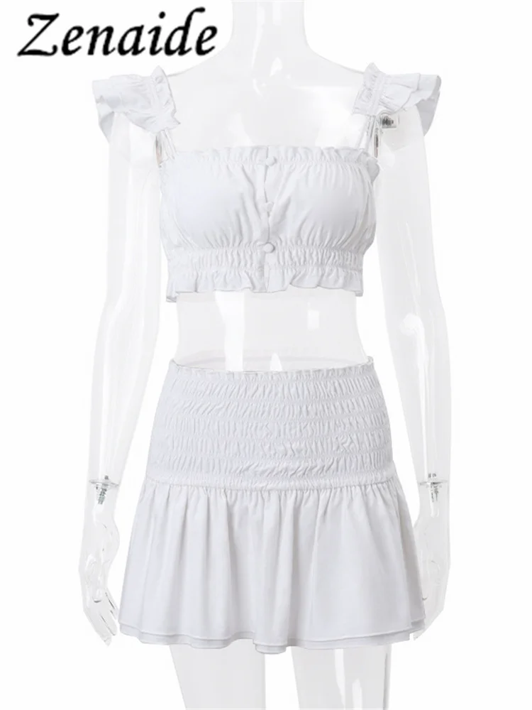 Zenaide Sexy Vakantie Ruches 2 Delige Set Strapless Crop Top + Geplooide Mini A Line Rokken Bodycon Vrouwen 2023 Zomer Ruches Outfits