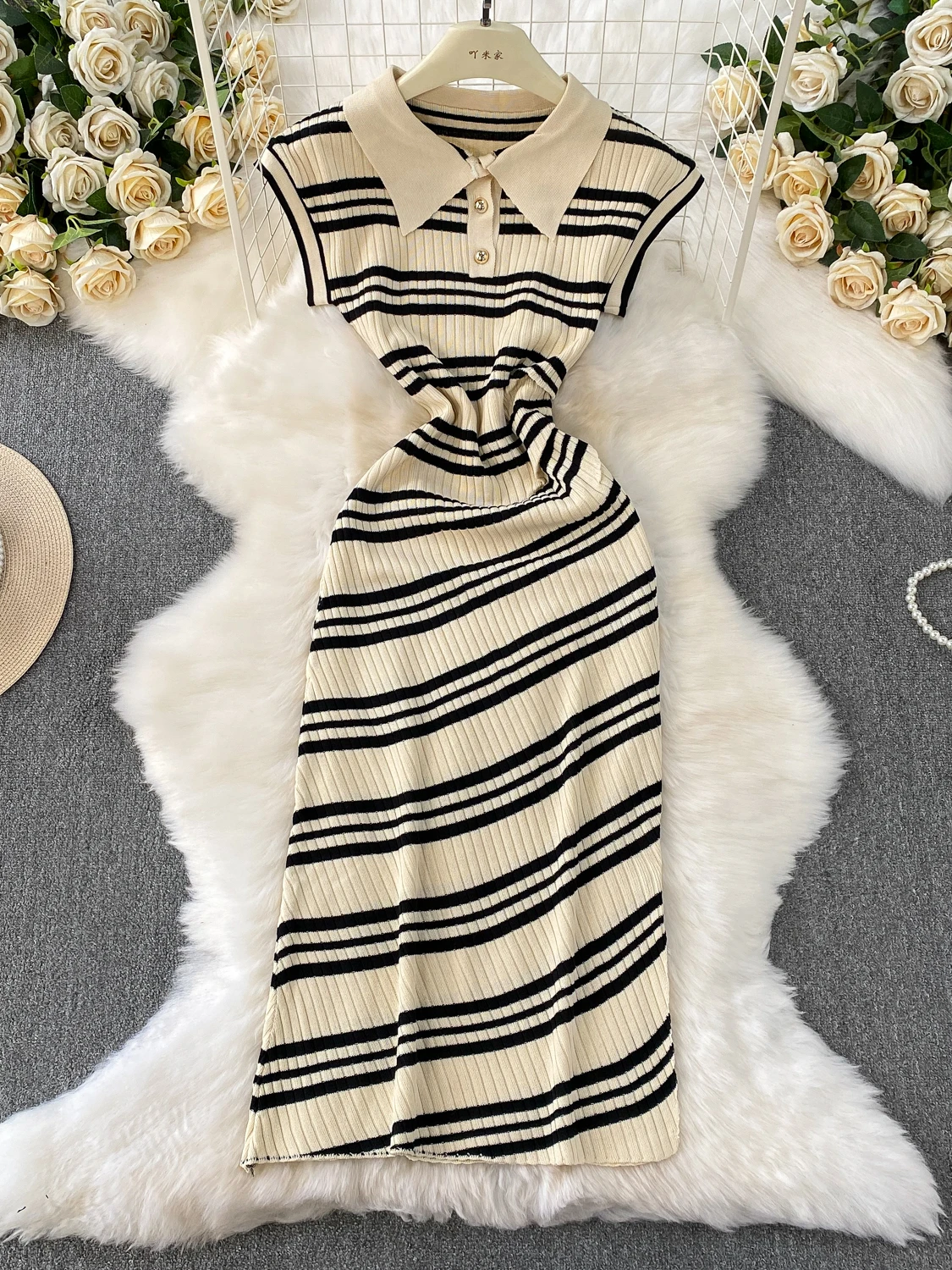 한국 스타일 폴로 칼라 니트 드레스 여성 여름 하이 웨이스트 플리츠 슬리밍 스트라이프 비대칭 슬릿 롱 드레스