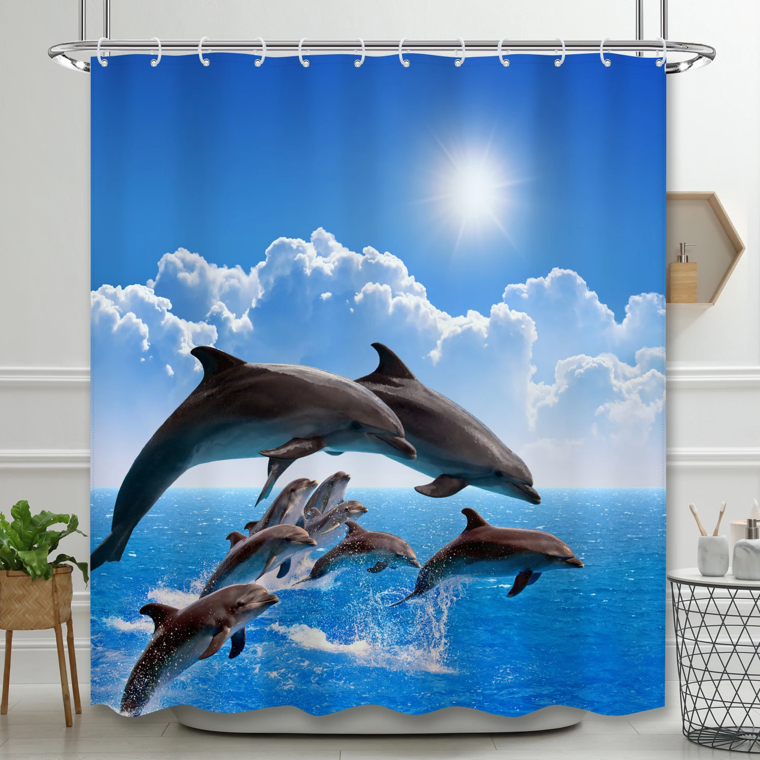 1pcs Undersea World Dolphin Shower Curtain with 12 Hooks Waterproof Perfect for Bathroom Decoration and Mold Prevention