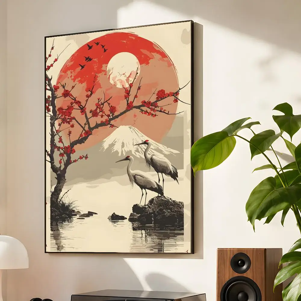 Vintage Crane Mount Fuji Lake Fishing Lotus Poster Matte Self Adhesive Wall Art Waterproof Room Decoration Bedroom