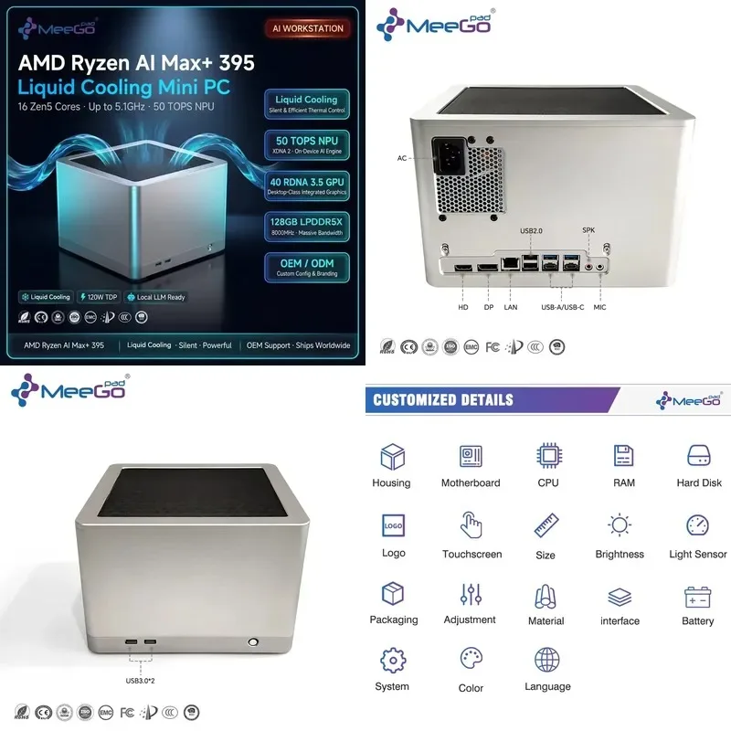 Hot Sale Ryzen AI Max+ 395 Mini PC Liquid Cooling 128GB LPDDR5X 2TB SSD Radeon 8060S 126 TOPS Wi-Fi 7 AI Workstation