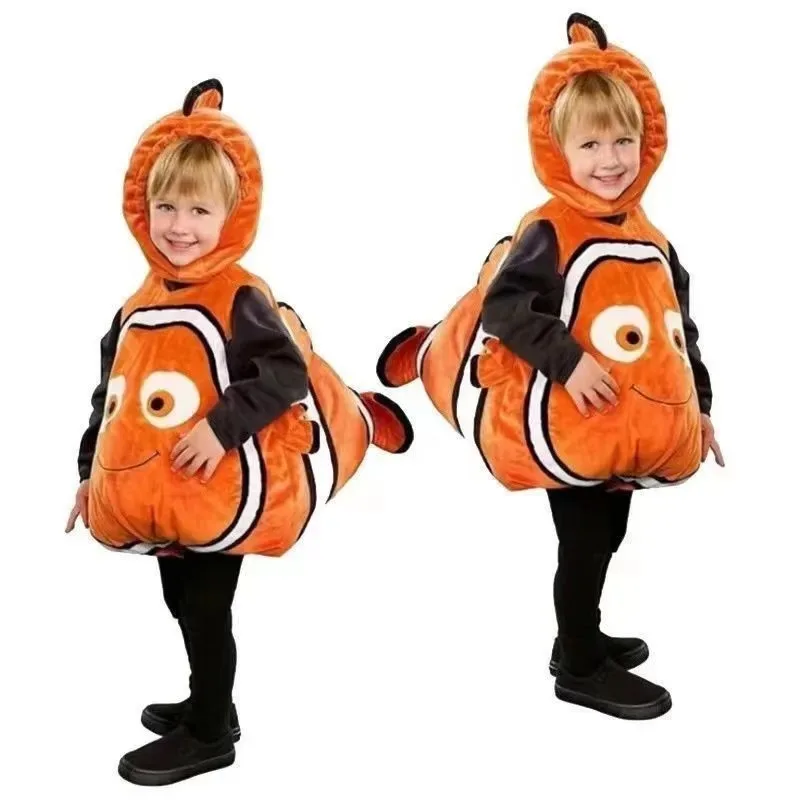 Neues Halloween Cosplay Kostüm Cartoon Tier Unterwasser Mobilisierung Nemo Clown Fisch Overall Kopfbedeckung Set für Erwachsene Jungen Mädchen