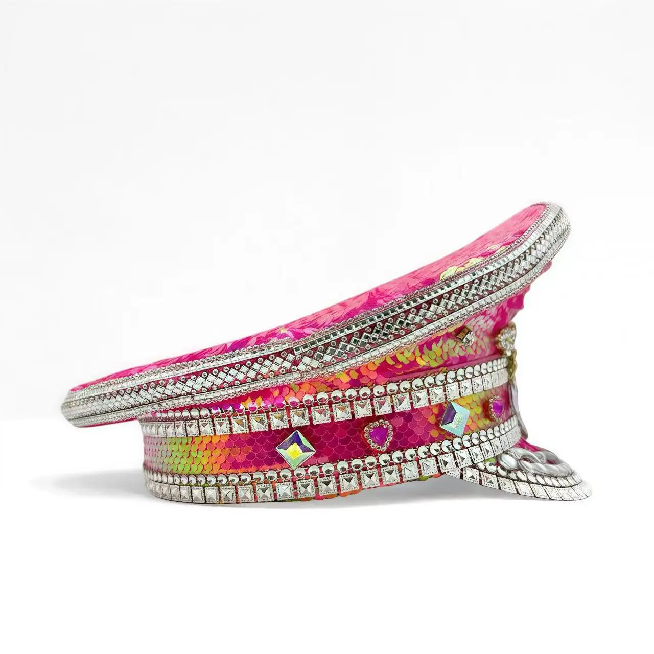 ホンルアン イエローレーザーレザーループキャプテンハット ラインストーン＆ミリタリーキャップ 女性用、レイブフェスティバルアクセサリー＆パーティーキャップ男性用