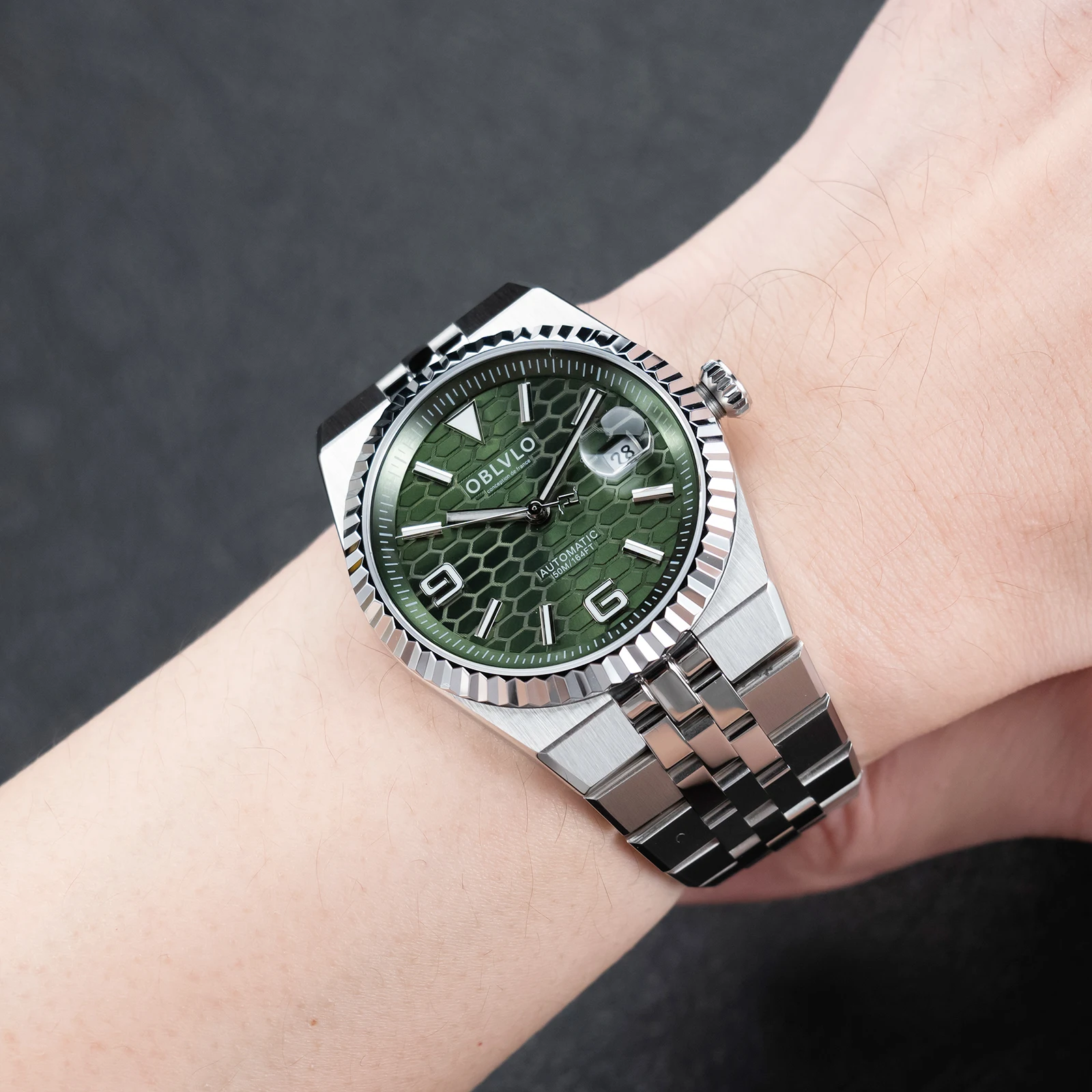 

OBLVLO Men's Mechanical Watch Ultra Exquisite Green Dial with Date 316L Stainless Steel Bracelet Fashionable Automatic Clock RX