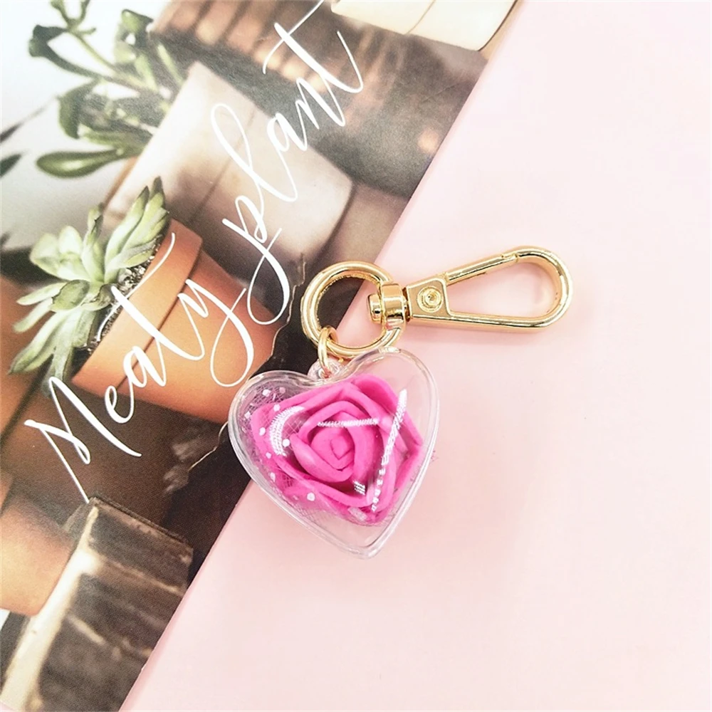 Cute Rose Keychain Love Heart Pendant Eternal Flower Keyring for Women Bag Ornaments Car Keys Accessories Couple Gifts