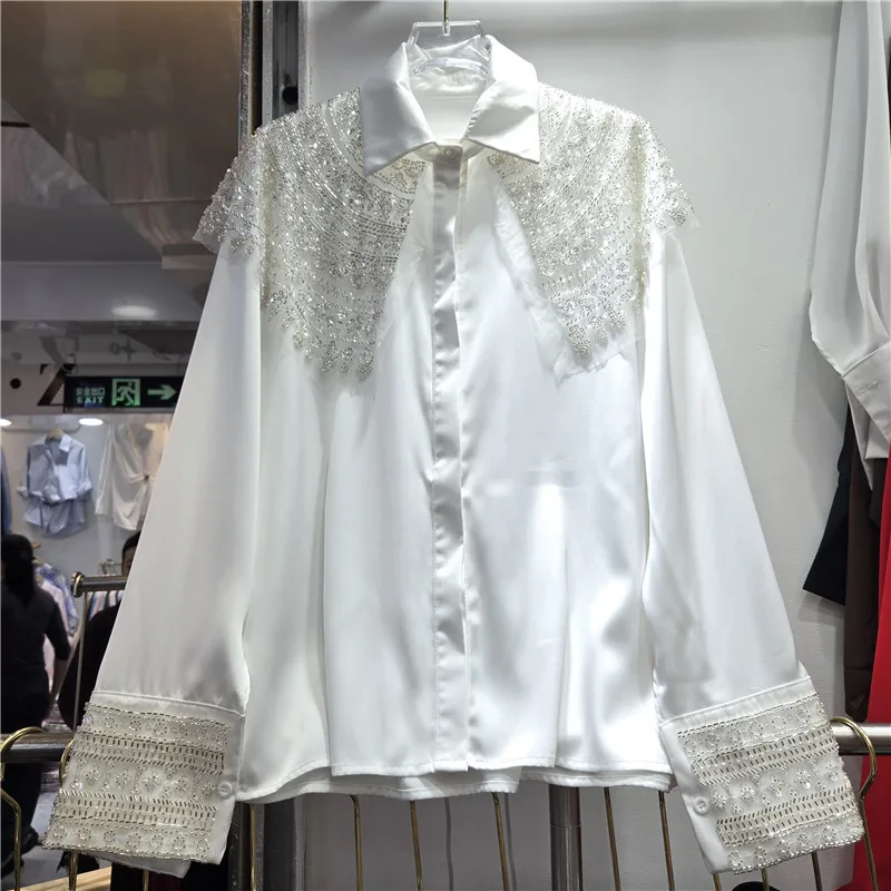 SuperAen 2026 Herfst Nieuwe Lovertjes Geborduurde Flares Sjaal Cape Patchwork Ontwerp Shirt Fashion Casual Losse Shirts