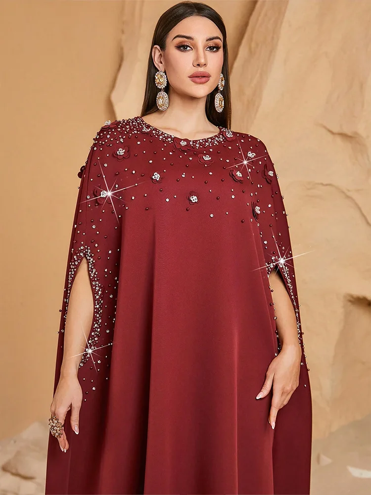 2025 Rhinestone Beaded Batwing Sleeve Abaya Muslim Dress Women Robe Ethnic Dubai Moroccan Kaftan Ramadan Arabic Islamic Clothes