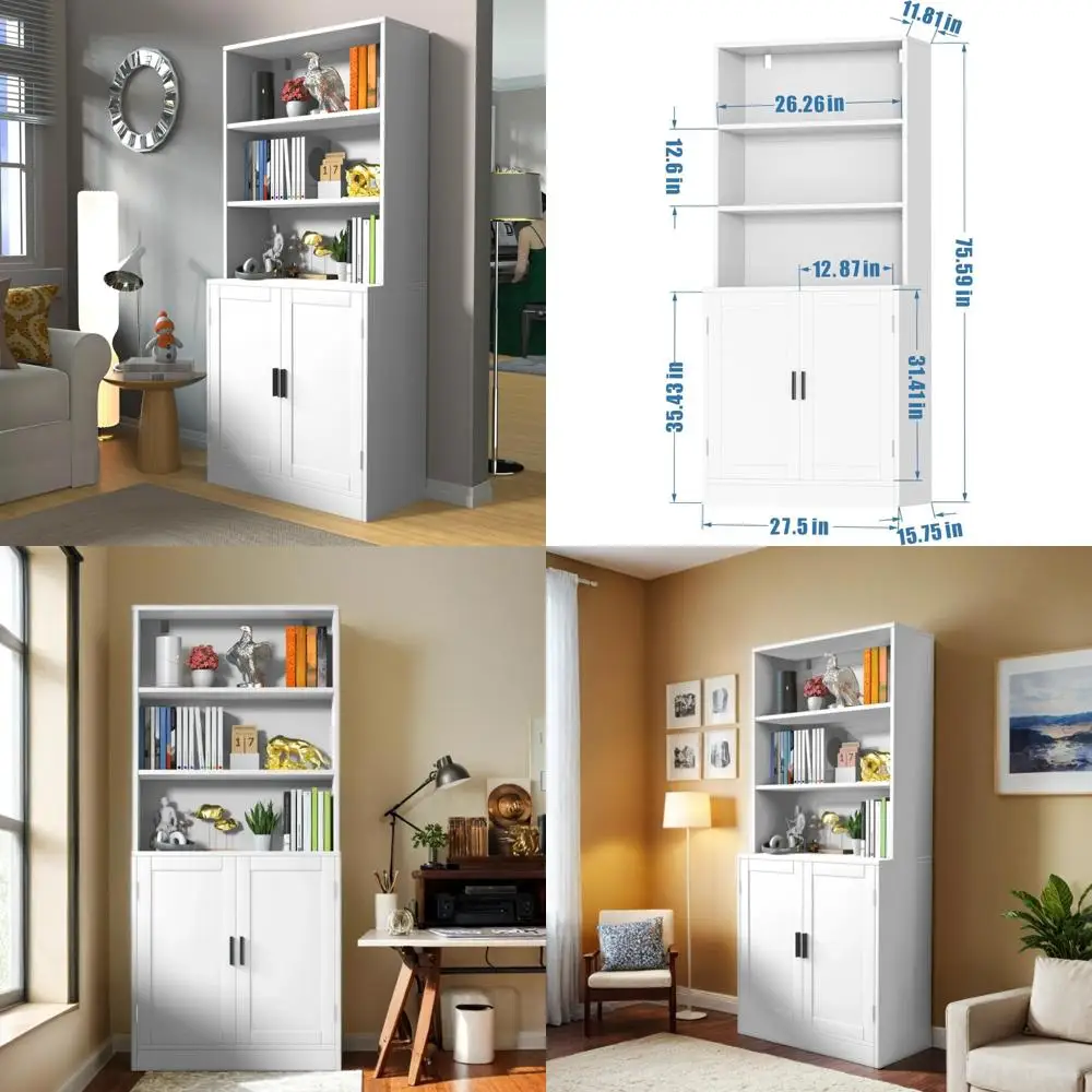 Большой 5-уровневый деревянный книжный шкаф с дверцами и шкафом для гостиной, офиса, библиотечной витрины