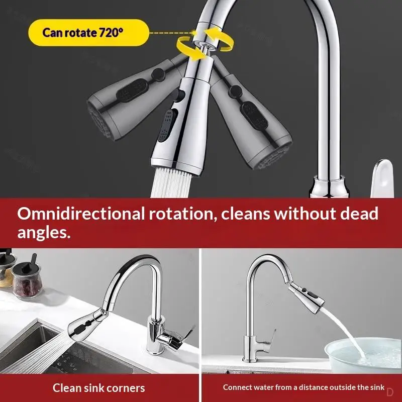Sink Faucet Filter Adapter 720° Rotatable Connector 3 Adjustable Modes Easy Clean for Bathroom Kitchen Vegetable Washing