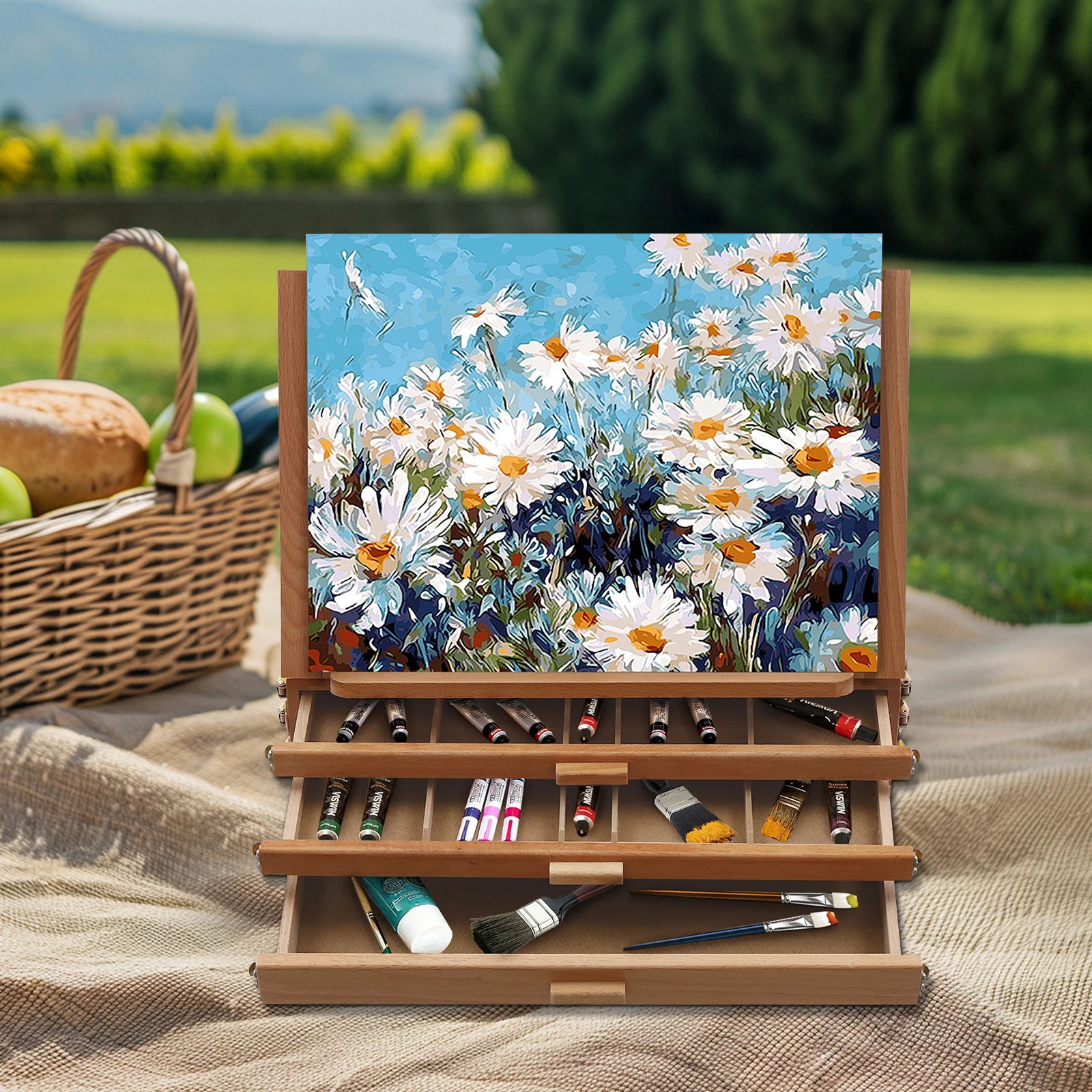Tabletop Drawing Board Stand with 3 Drawers and 11 Compartments, Beech Wood Storage Easel 0-60° Tilt Adjustable, Portable Sketch Box for Painting Supplies, Ideal Gift for Artists Beginners