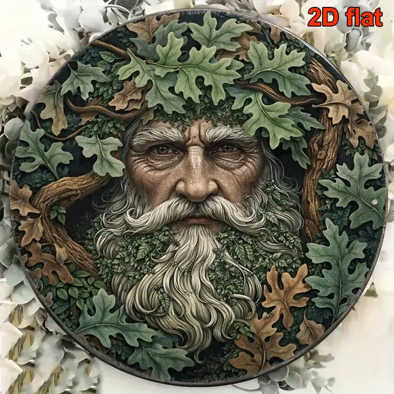 Two-Dimensional Flat Green Man Forest Soul Round Metal Tin Plaque, Vintage Natural Tree Beard Oak Leaf Wall Decoration, Mysterious Celtic Pagan Nautic