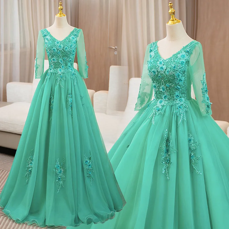 Robe de Rhà manches longues avec appliques en dentelle, robe de Rh, robe de fête d'anniversaire, Sweet 15 Quinceanera, tenue de soirée, Real Picture, 3/4