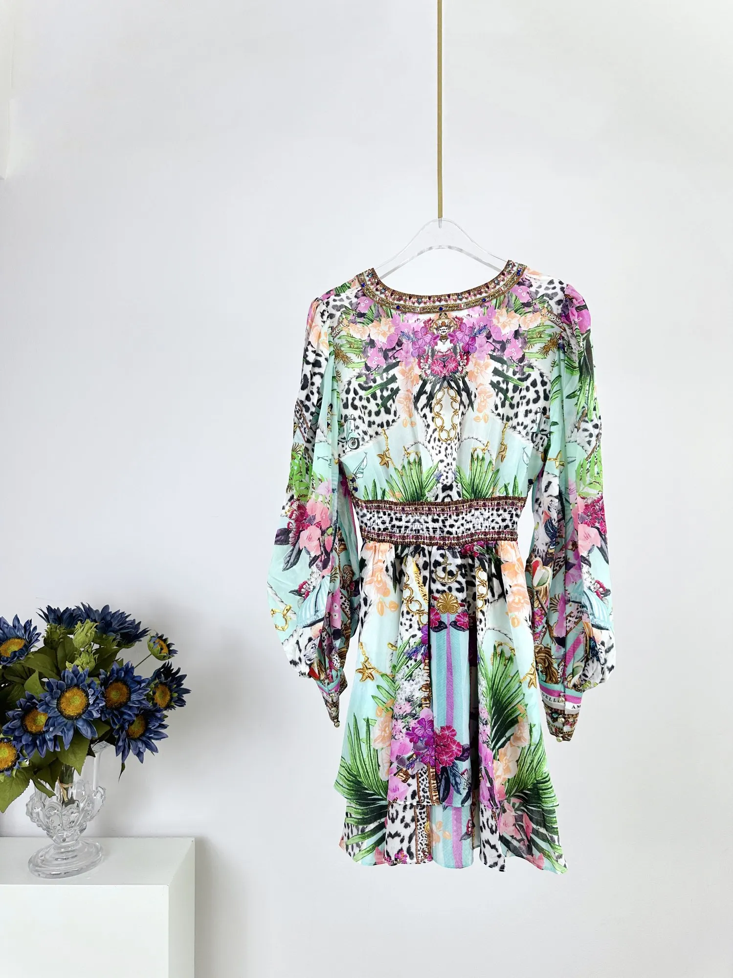 Women V-Neck Beaded Colorful Print Long Sleeve Silk Short Dress