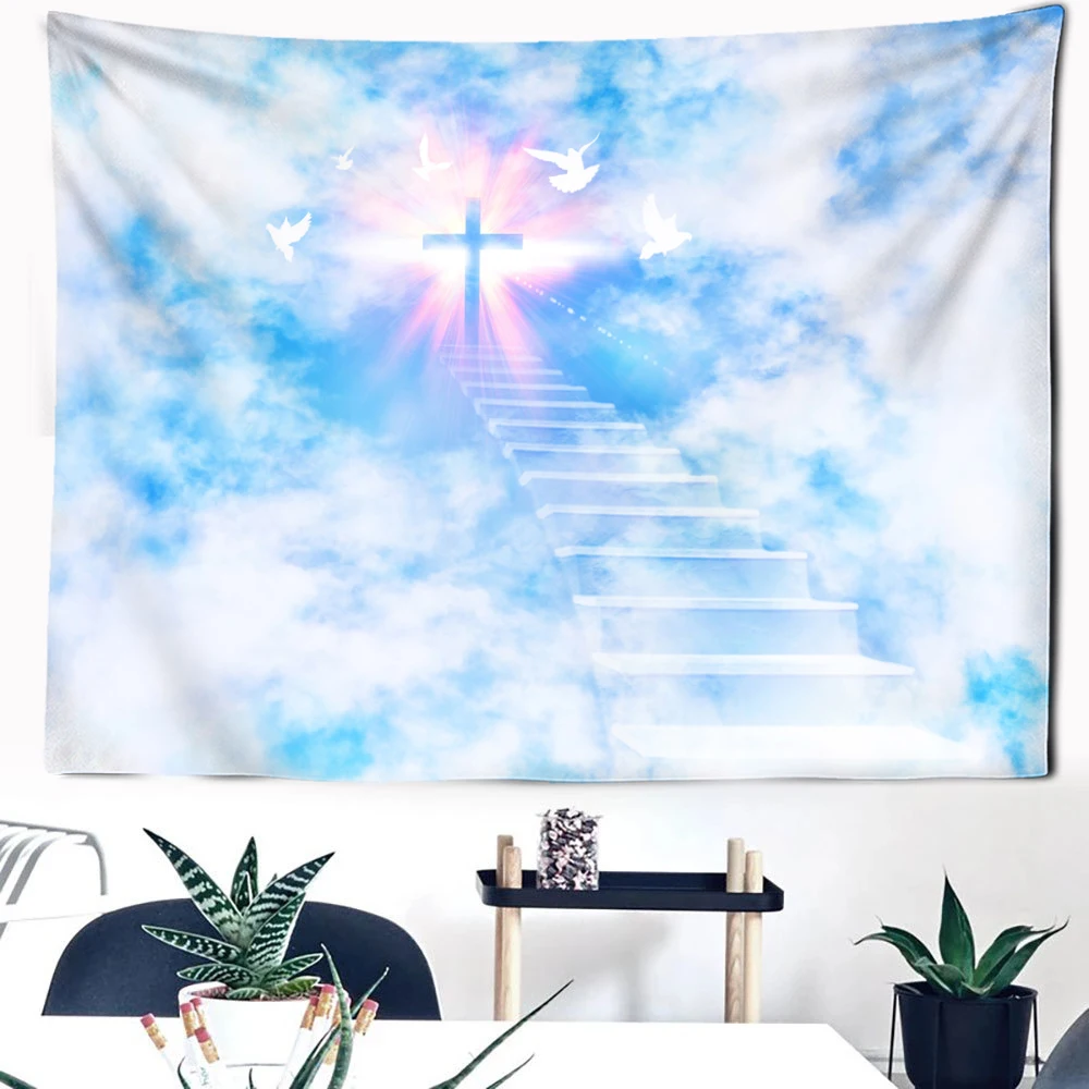 Sky Clouds Landscape Tapestry Heaven Cross Seaside Sunset And Rainbow Home Textile Wall Decorations Decor Gifts