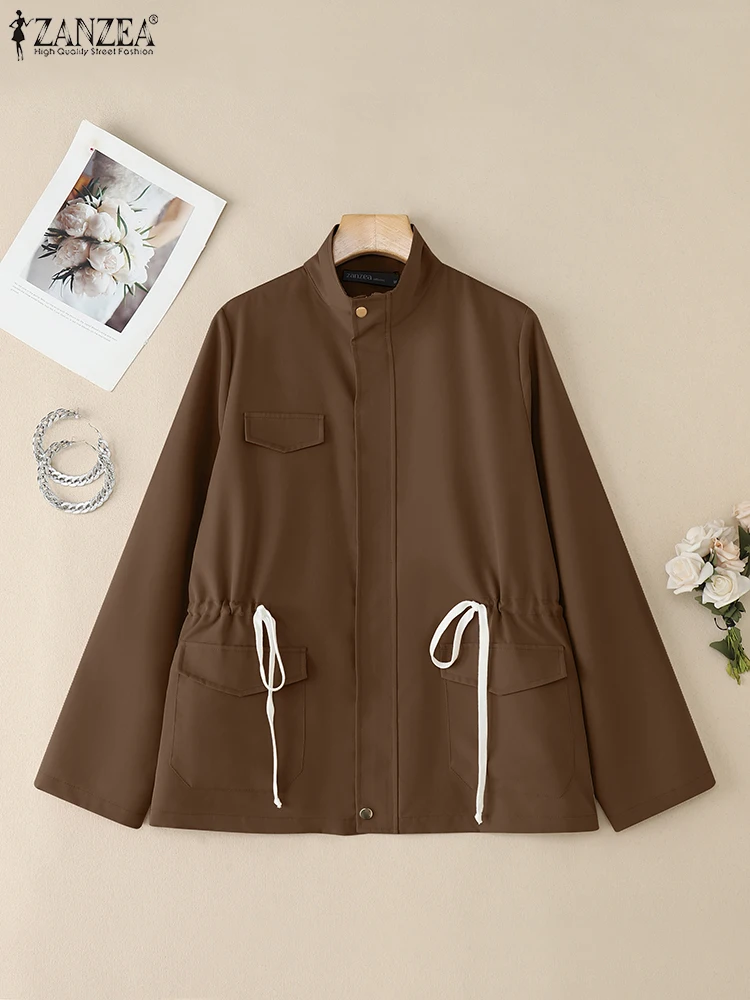Fashion Women Jackets ZANZEA 2025 Autumn OL Coats Stylish Stand Neck Long Sleeve Zipper Outwears Solid Drawstring Waisted Coats