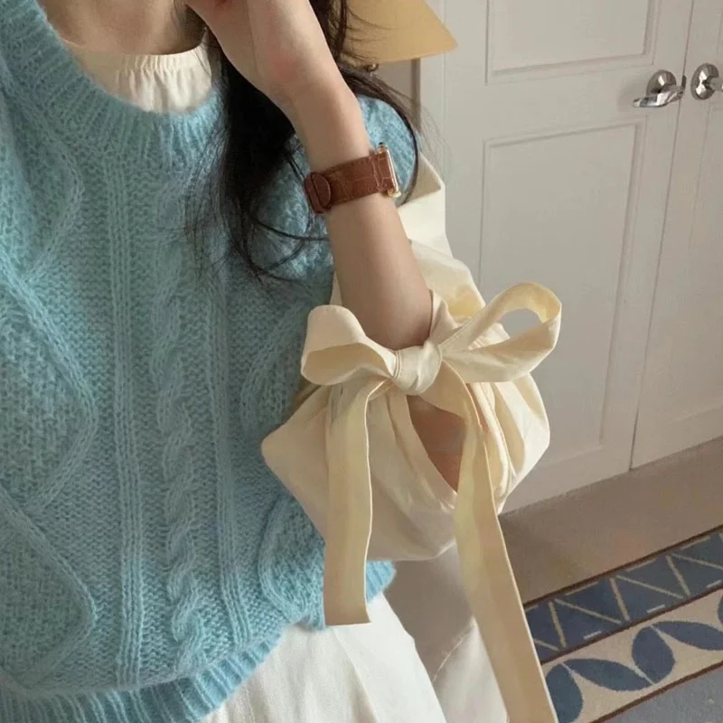 Chic Spring 2023 Women's Loose Casual round Ne White irt  Knot Sve Tops Korean Sle Commute Pure Color