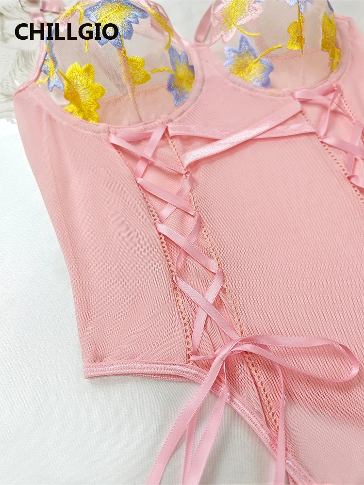 CHILLGIO Vrouwen Borduren Bloemen Kant Strappy Rompertjes Lingerie Slanke Bodycon Lace-up Onesie Sexy Een Stuk Combinatie Body