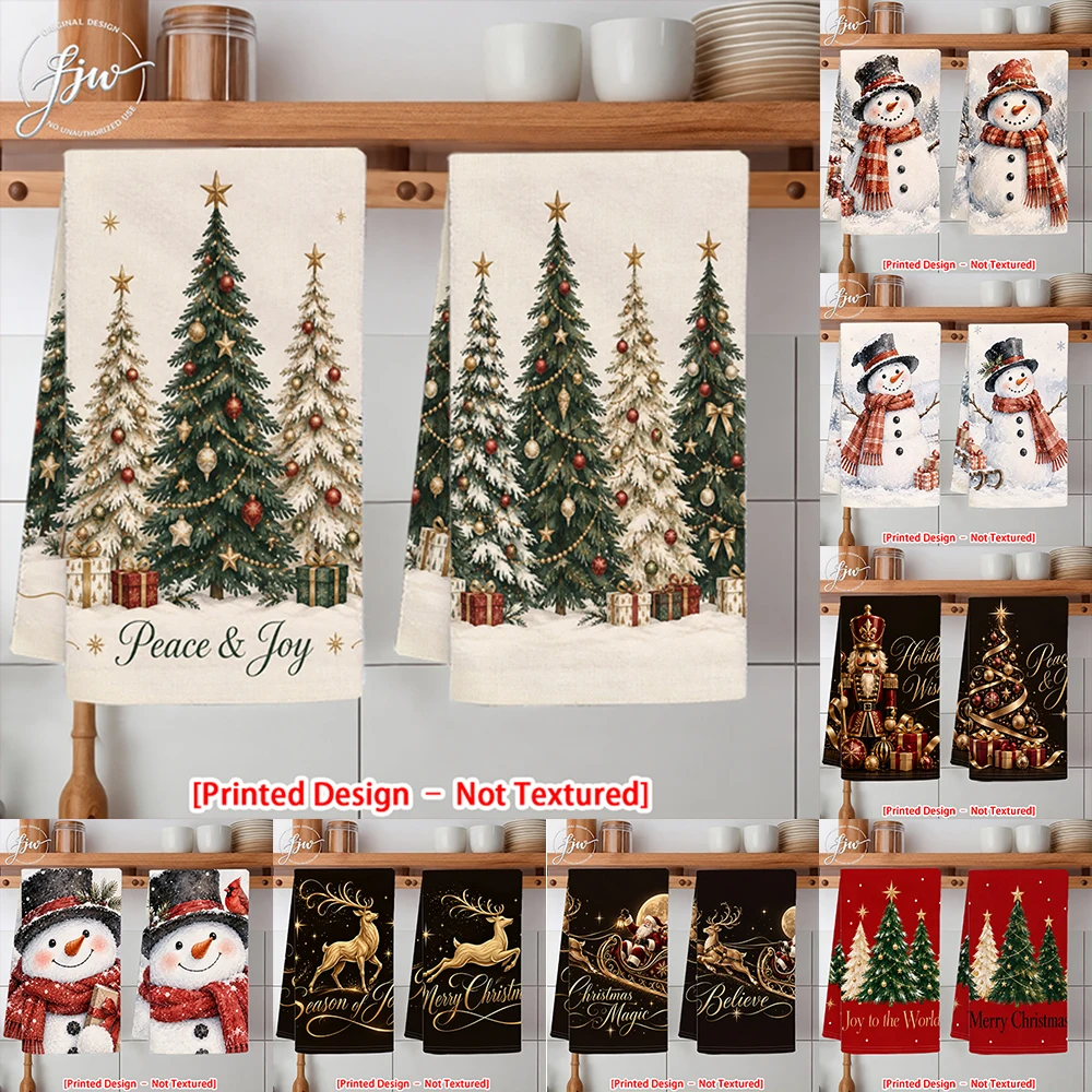 2pc Christmas Kitchen Towels Set, Vintage Xmas Tree Snowman Nutcracker Reindeer Holiday Dish Towels for Winter Home Decor