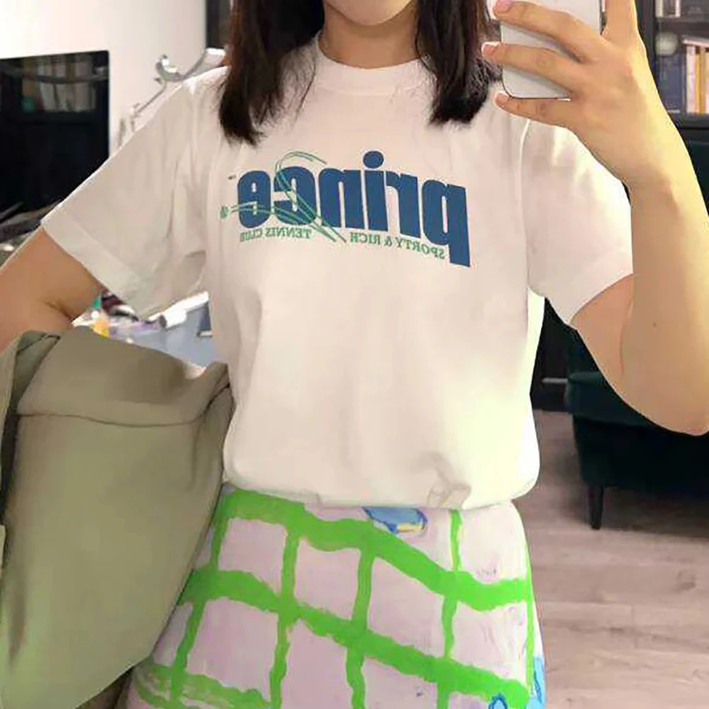 

Летняя новая североамериканская ниша с белым буквенным графическим принтом и круглым вырезом, женская спортивная футболка с коротким рукавом