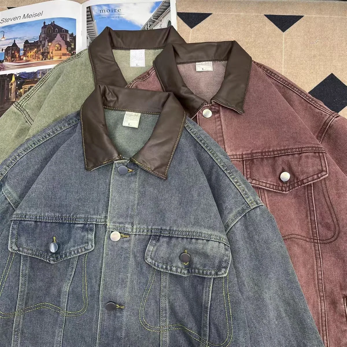 

Waed Vintage American Sle Denim Jaet Large Size Loose Fit with Leather Collar Autumn Winter Men's Blue Top Coat