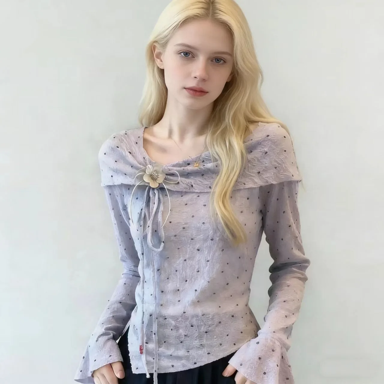 Micro-transparent Stylish Polka Dot Lace-up Swinging Neck Long Sleeve T-Shirt Women's Summer Top Thin Elegant 2026 New