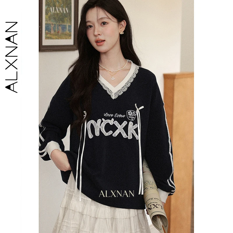 

ALXNAN Women's Black Hoodie V-Neck Lace Patchwork Color-block Bow Tie Sweatshirt Autumn New Casual Long Sleeve Top Female L57631