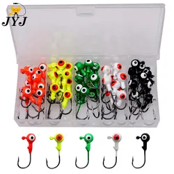 JYJ 50pcs/box 1g 2g 5g colorful big eyes soft worm jig head hook fishing tackle pesca lure