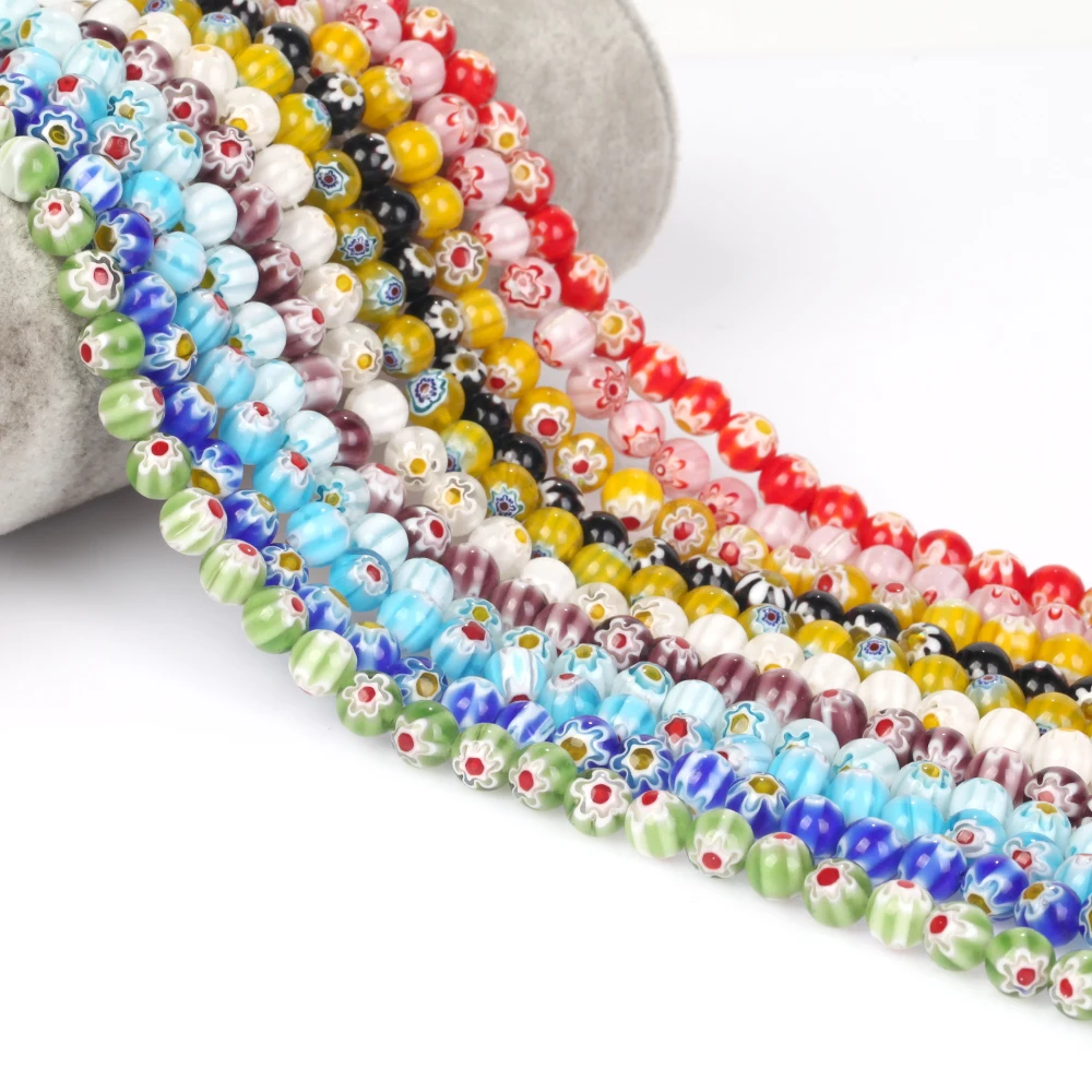 8mm Natural Colorful Glazed Lampwork Flower Patterns Round Spacer Loose Beads Crafts for DIY Jewelry Making Bracelet Necklace