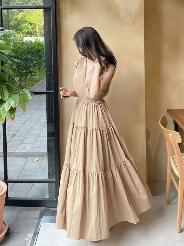 

French Style Elegant Maternity Dress Sleeveless V-Neck Drawstring Shoulder Stretched Waist Pregnant Woman Empired Dress Khaki