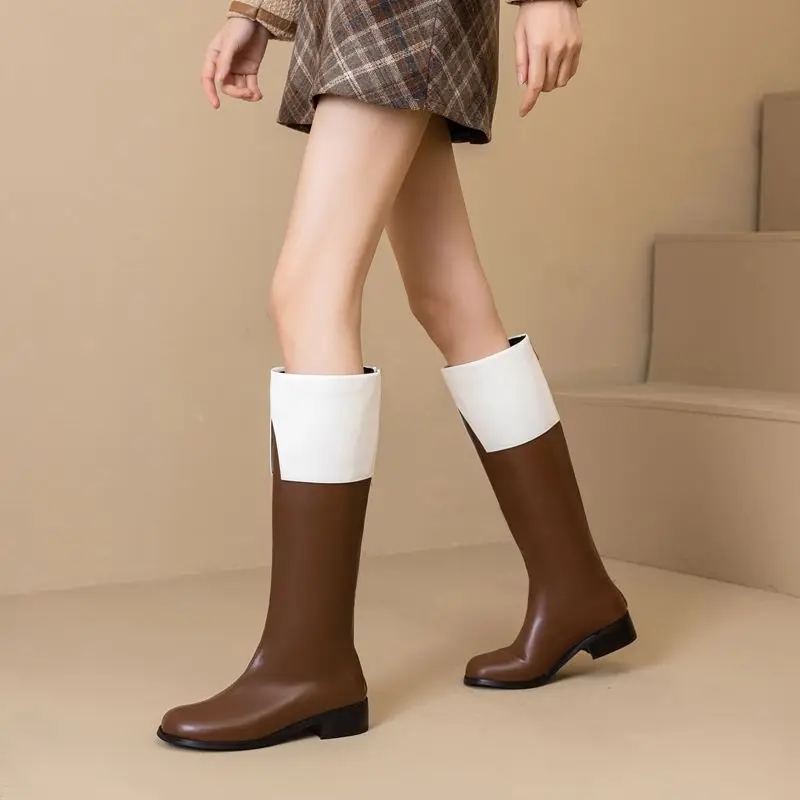 REAVE CAT Retro Female Knee High Boots Round Toe Block Heels Zipper Mixed Color Plus Size 46 47 48 Leisure Soft Riding Booties image 5