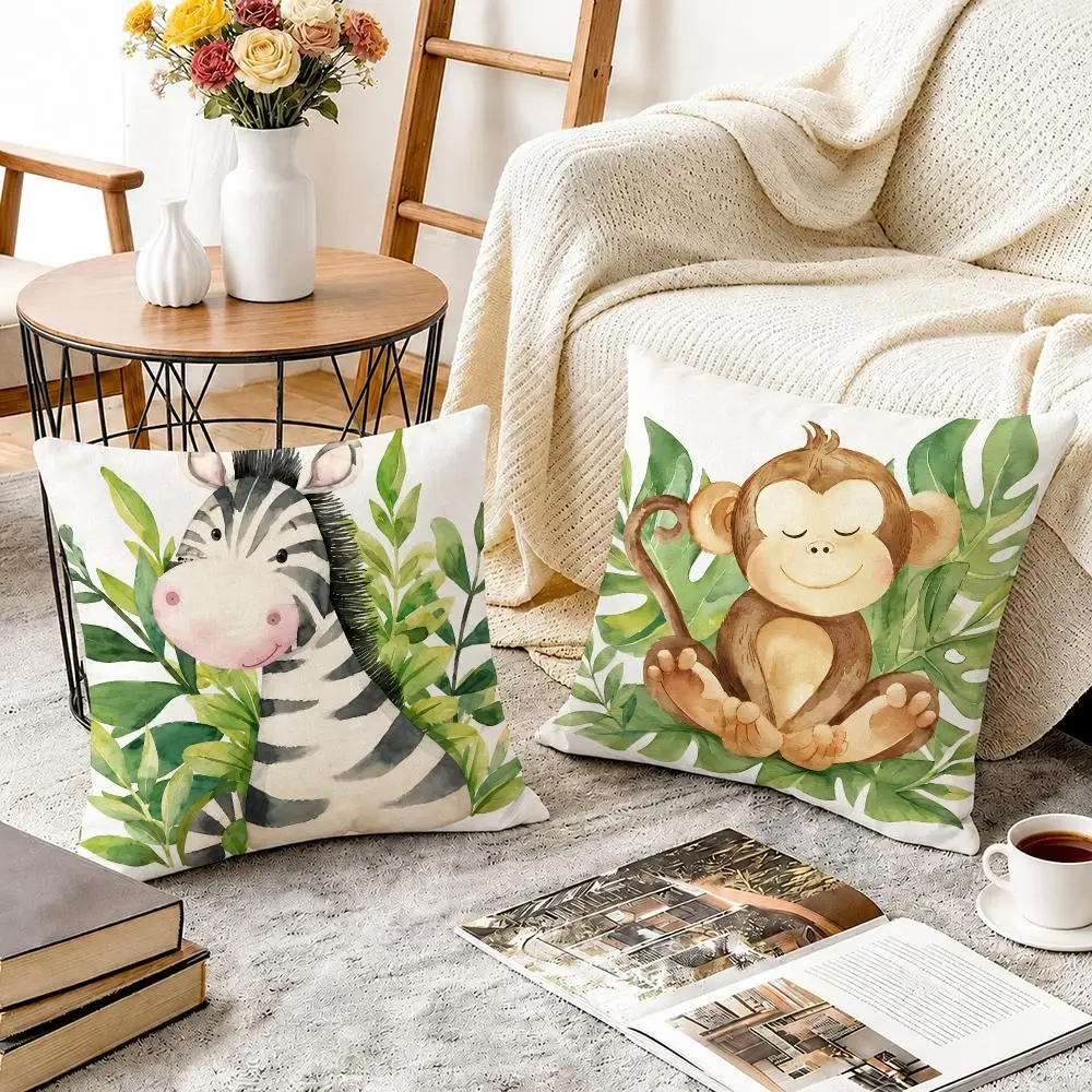 Jungle animal lion zebra monkey tiger Cushion Cover Breathable Cool Natural Durable Linen Printed Pillow Case Decor Sofa Bedroom