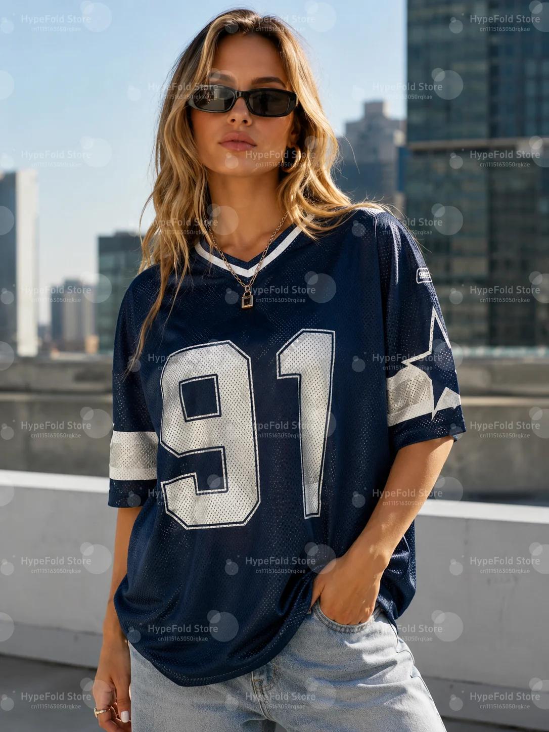 Summer New Black Speed 91 Print T-Shirt For Women V-Neck Patchwork Short Sleeve Sports Football Jersey Y2K Loose Oversized Tops