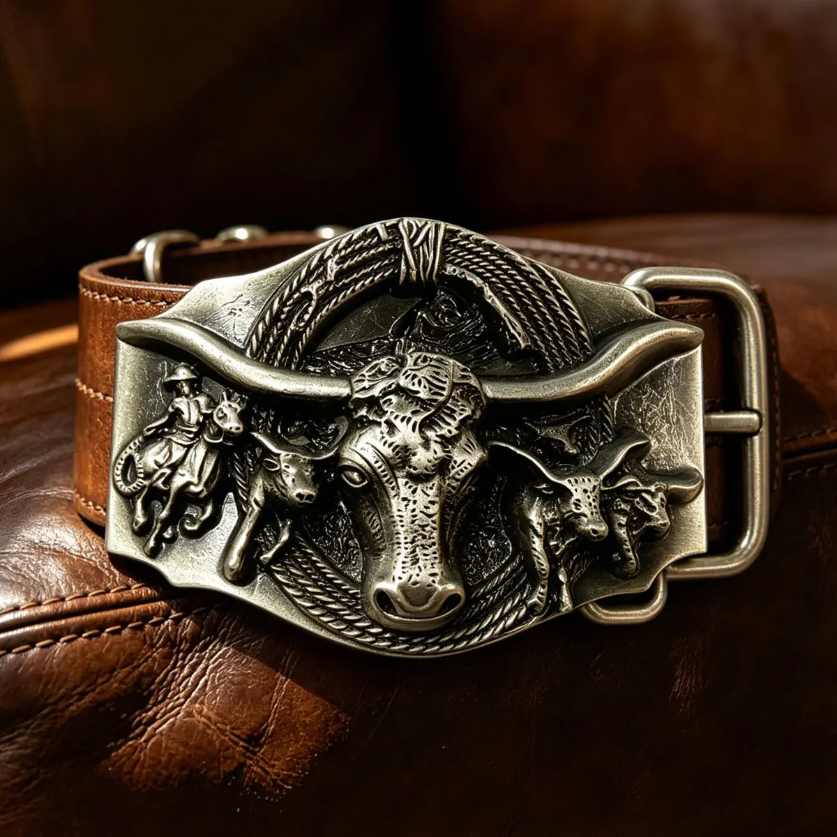 Harness Rope Longhorn Belt Buckle - Retro Western Cowboy Style Embossed Belt Buckle for Men
