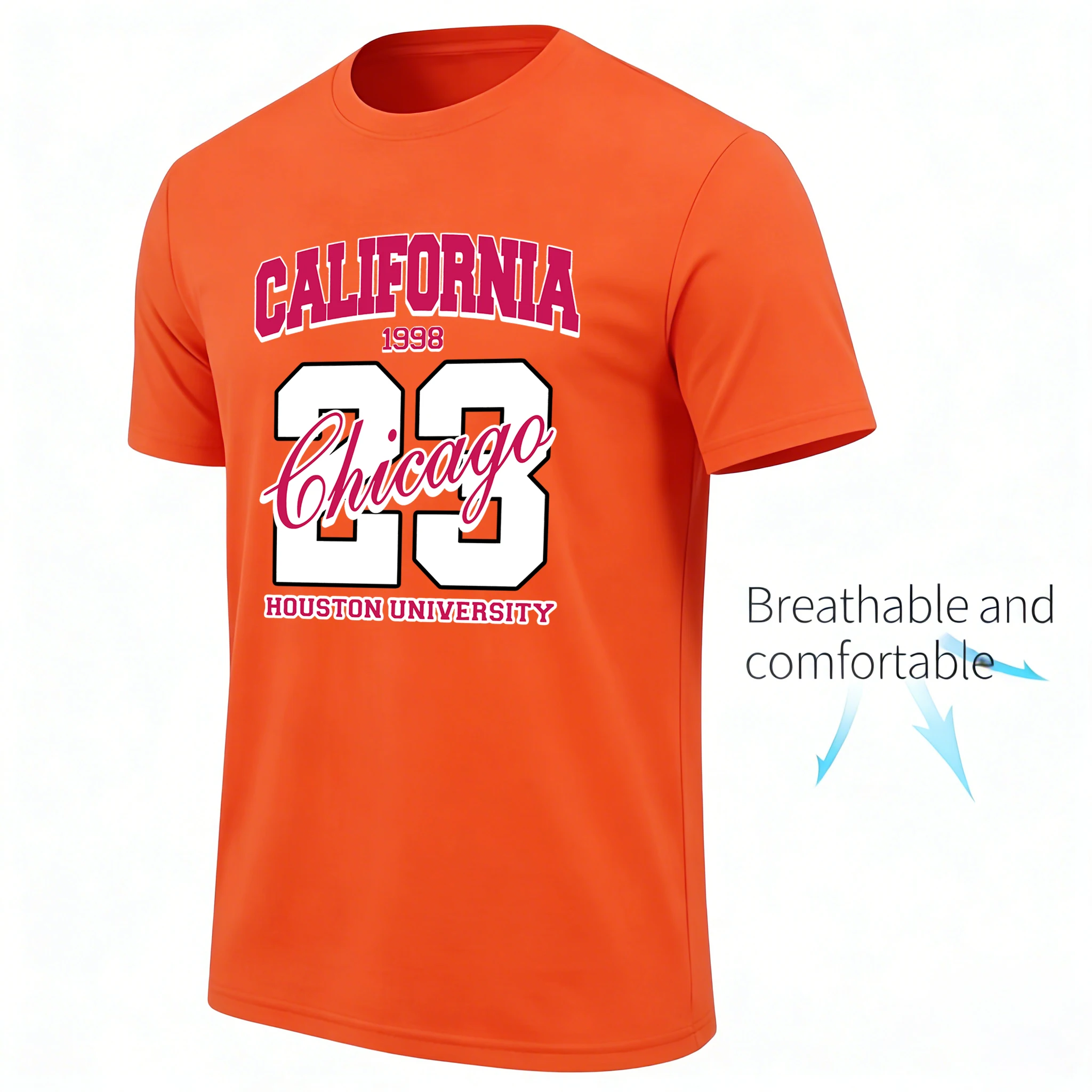 California Chicago Houston University Pattern Baumwoll-Freizeit-T-Shirts für Herren, modische, lockere Sportbekleidung, O-Ausschnitt, weiche Sommerkleidung