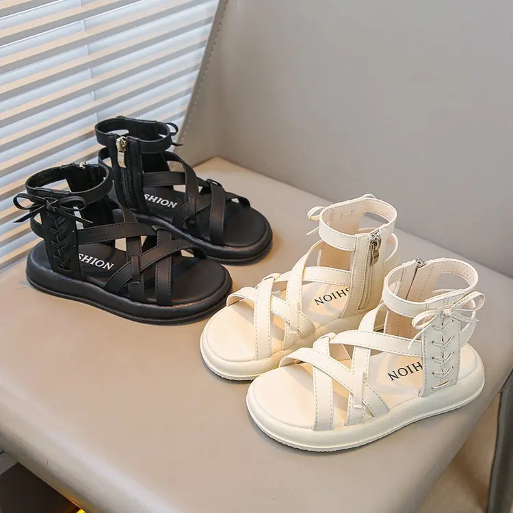 

Детские римские сандалии, Новинка лета 2024, модная обувь для девочек с вырезами и перекрестными ремешками, обувь для принцесс, для детей старшего возраста, пляжная обувь для моря