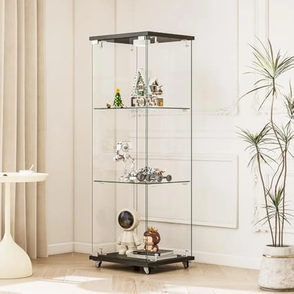 

Glass Display Cabinet, 3-Tier Curio Storage Cabinet Glasss Display Case Showcase 5mm Tempered Glass Bookshelf with Door